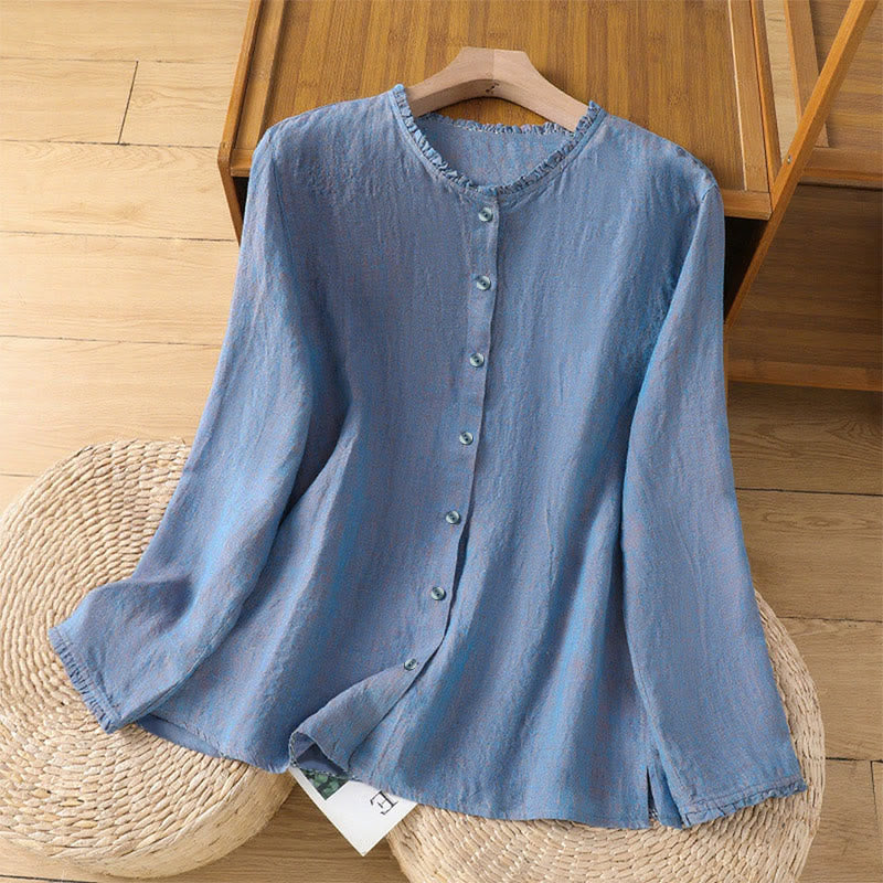 Buddha Stones Spring Solid Color Buttons Design Ruffled Crew Neck Women's Shirt - CornflowerBlue - US14,UK/AU18,EU46 (2XL) - image 16