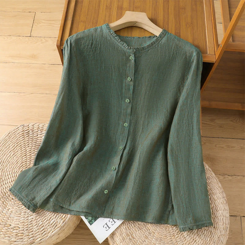 Buddha Stones Spring Solid Color Buttons Design Ruffled Crew Neck Women's Shirt - SeaGreen - US14,UK/AU18,EU46 (2XL) - image 0