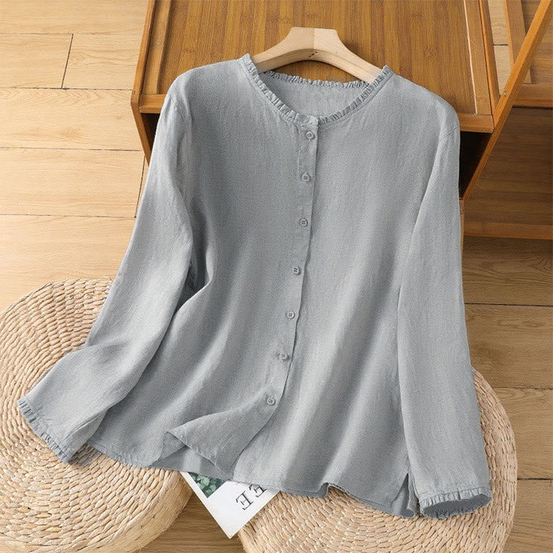 Buddha Stones Spring Solid Color Buttons Design Ruffled Crew Neck Women's Shirt - Silver - US14,UK/AU18,EU46 (2XL) - image 5