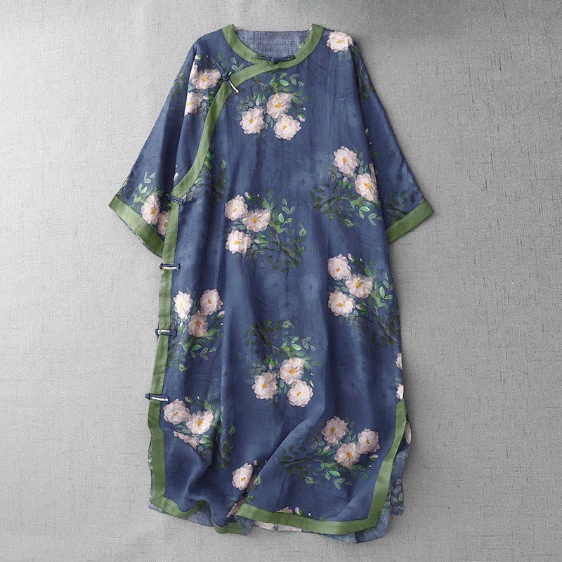Buddha Stones Frog-Button Orchid Pomegranate Flowers Pattern Side Slit Design Half Sleeve Midi Dress - DarkBlue - US12,UK/AU16,EU44 (2XL) - image 13