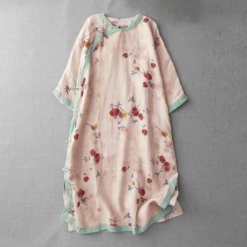 Buddha Stones Frog-Button Orchid Pomegranate Flowers Pattern Side Slit Design Half Sleeve Midi Dress - PeachPuff - US12,UK/AU16,EU44 (2XL) - image 1