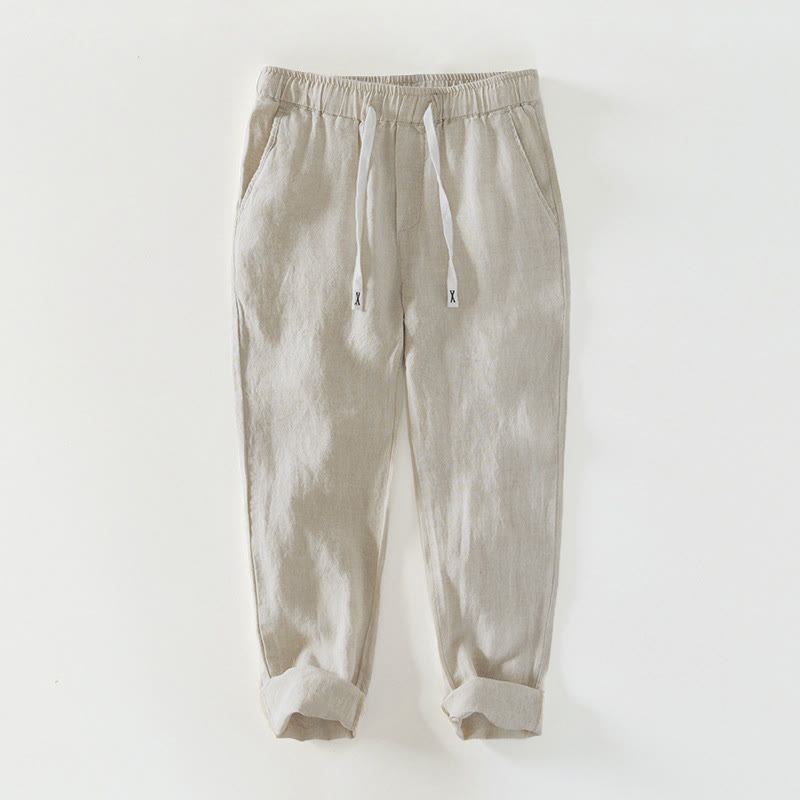 Buddha Stones Fall Solid Drawstring Elastic Waist Men's Linen Ankle-Length Pants With Pockets - Beige - US/UK/AU44,EU54 (4XL) - image 0