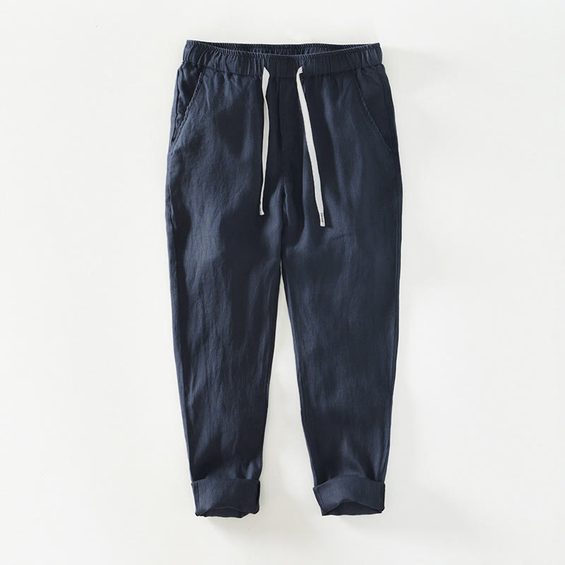 Buddha Stones Fall Solid Drawstring Elastic Waist Men's Linen Ankle-Length Pants With Pockets - MidnightBlue - US/UK/AU44,EU54 (4XL) - image 8