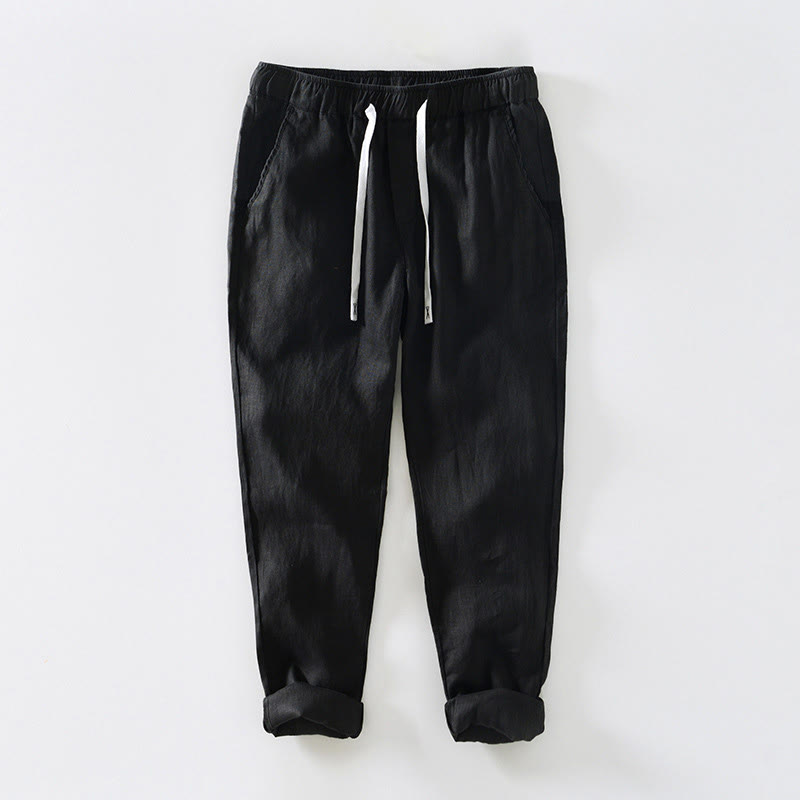 Buddha Stones Fall Solid Drawstring Elastic Waist Men's Linen Ankle-Length Pants With Pockets - Black - US/UK/AU44,EU54 (4XL) - image 5
