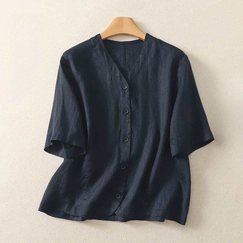 Buddha Stones Summer Solid Color V-Neck Buttons Simple Design Women's Short Sleeve Shirt - MidnightBlue - US8-10,UK/AU12-14,EU40-42 (2XL) - image 14