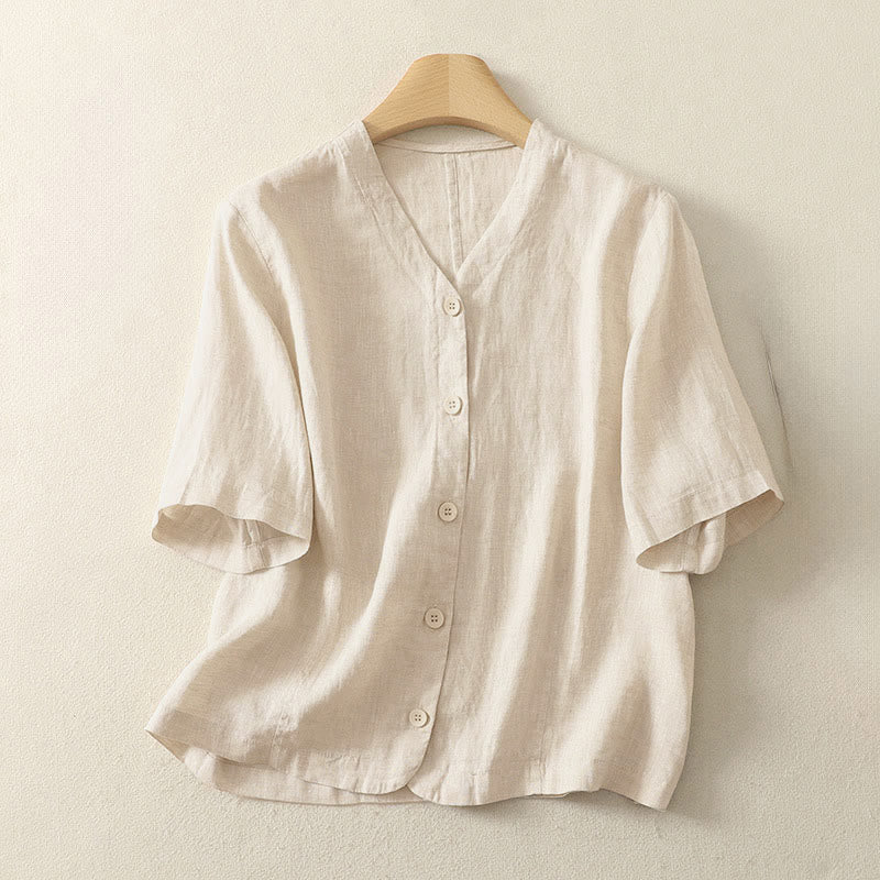 Buddha Stones Summer Solid Color V-Neck Buttons Simple Design Women's Short Sleeve Shirt - PapayaWhip - US8-10,UK/AU12-14,EU40-42 (2XL) - image 4