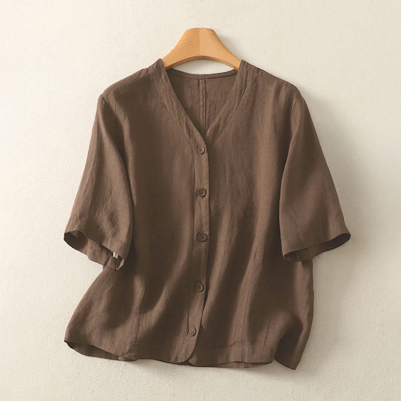 Buddha Stones Summer Solid Color V-Neck Buttons Simple Design Women's Short Sleeve Shirt - SaddleBrown - US8-10,UK/AU12-14,EU40-42 (2XL) - image 18