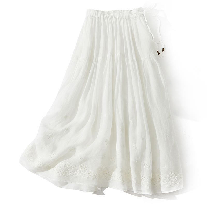 Buddha Stones Embroidery Hollow Design A-line Drawstring High Waist Women's Skirt With Pockets - White - US8-10,UK/AU12-14,EU40-42 (2XL) - image 8