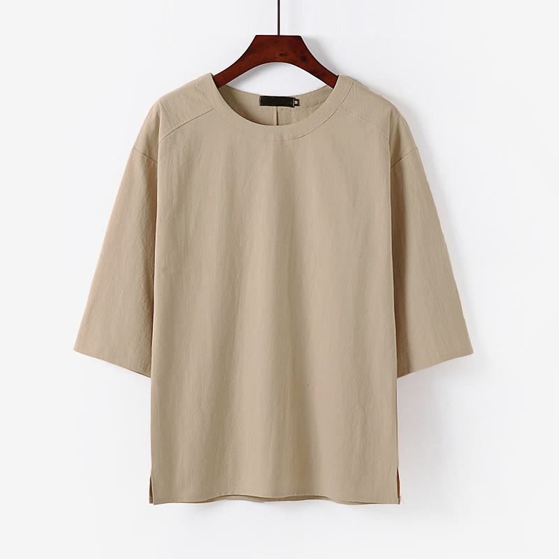 Buddha Stones Summer Casual Crew Neck Men's Elbow-Length Sleeve Cotton Linen T-Shirt - Bisque - US/UK/AU54,EU64 (9XL) - image 0