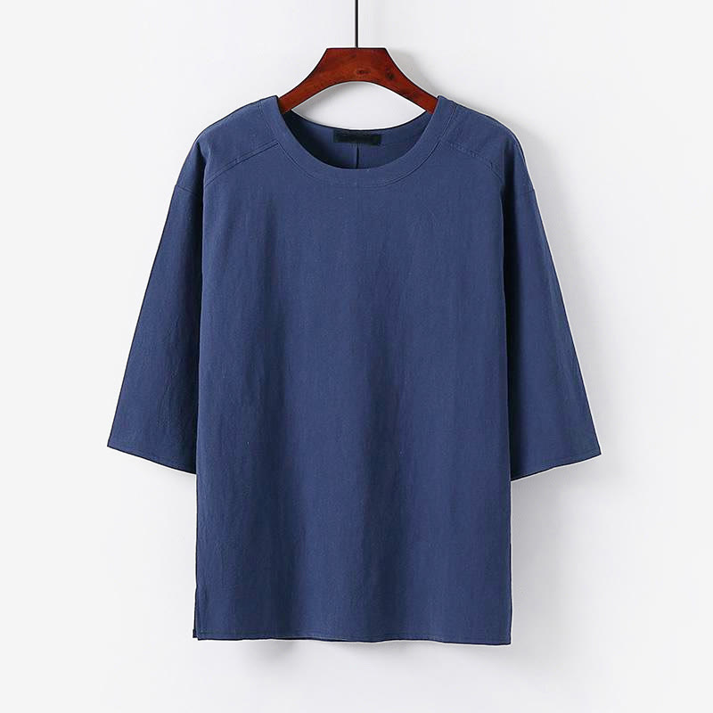 Buddha Stones Summer Casual Crew Neck Men's Elbow-Length Sleeve Cotton Linen T-Shirt - SteelBlue - US/UK/AU54,EU64 (9XL) - image 8