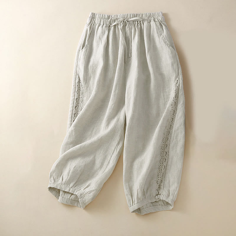Buddha Stones Solid Color Flower Loose Drawstring Harem Pants With Pockets - Beige - US8-10,UK/AU12-14,EU40-42 (2XL) - image 0