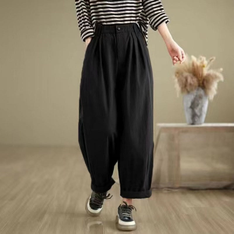 Buddha Stones Casual Solid Color One Top Button Elastic Waistband Women's Pants With Pockets - image 12