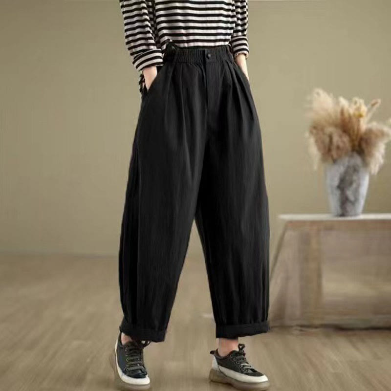 Buddha Stones Casual Solid Color One Top Button Elastic Waistband Women's Pants With Pockets - Black - US8-10,UK/AU12-14,EU40-42 (2XL) - image 11