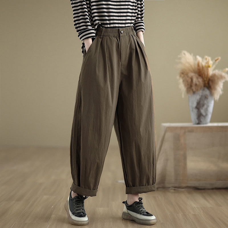 Buddha Stones Casual Solid Color One Top Button Elastic Waistband Women's Pants With Pockets - SaddleBrown - US8-10,UK/AU12-14,EU40-42 (2XL) - image 0