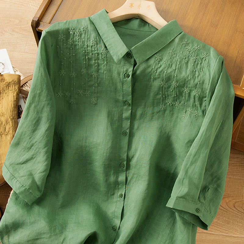Buddha Stones Casual Women's Embroidery Standing Collar Half Sleeve Design Shirt - image 2
