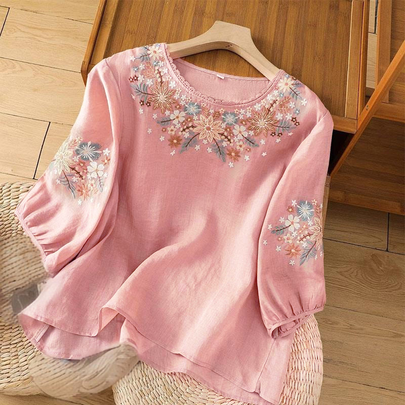 Buddha Stones Casual Flower Leaf Embroidery Women's Crew Neck Design Three Quarter Sleeve T-shirt - LightPink - US12,UK/AU16,EU44 (3XL) - image 11