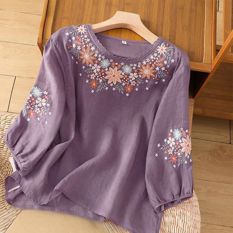 Buddha Stones Casual Flower Leaf Embroidery Women's Crew Neck Design Three Quarter Sleeve T-shirt - MediumPurple - US12,UK/AU16,EU44 (3XL) - image 0