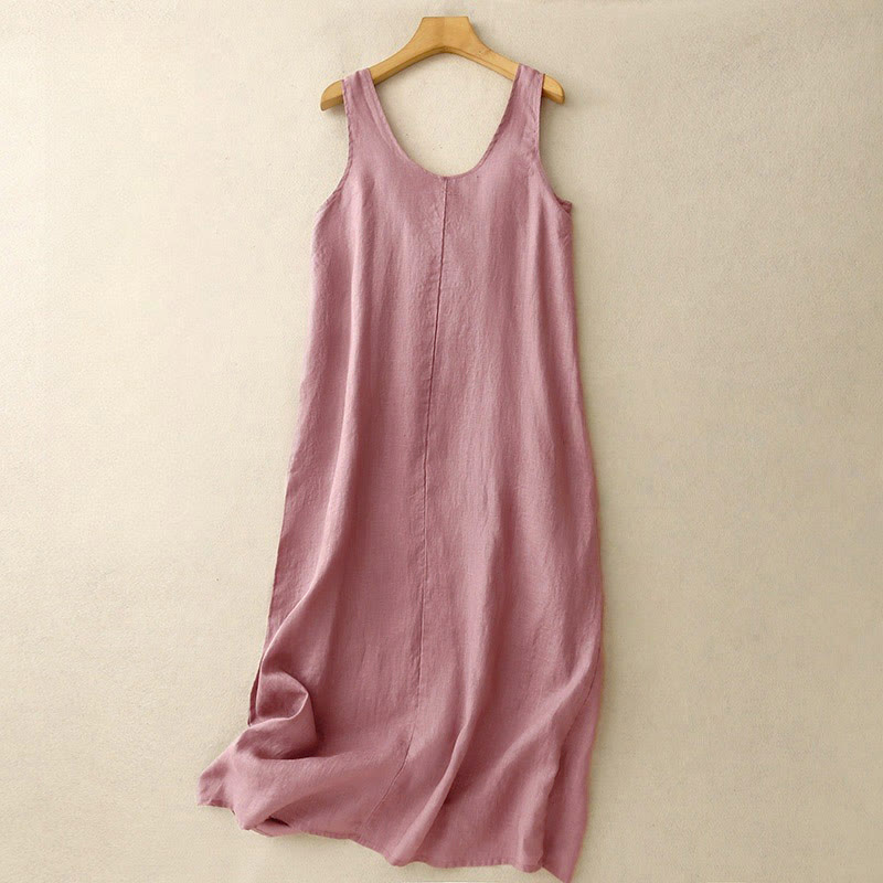 Buddha Stones Summer Daily Casual Pure Color Crew Neck Simple Design Sleeveless Midi Dress With Pockets - PaleVioletRed - US12,UK/AU16,EU44 (2XL) - image 0