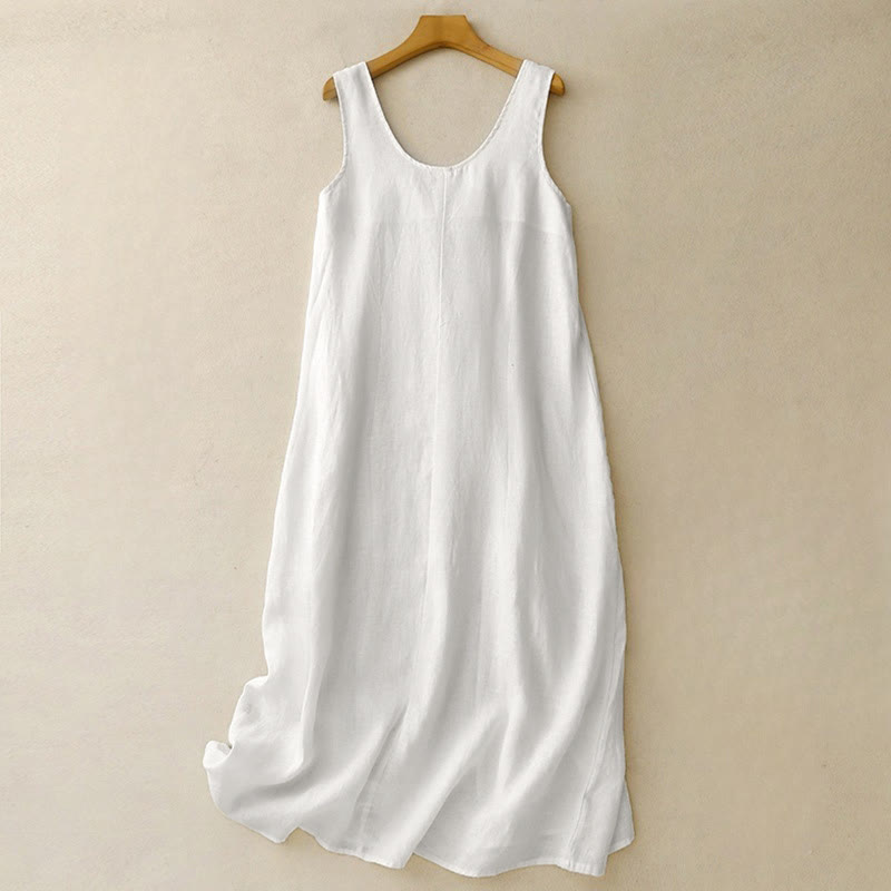 Buddha Stones Summer Daily Casual Pure Color Crew Neck Simple Design Sleeveless Midi Dress With Pockets - FloralWhite - US12,UK/AU16,EU44 (2XL) - image 7