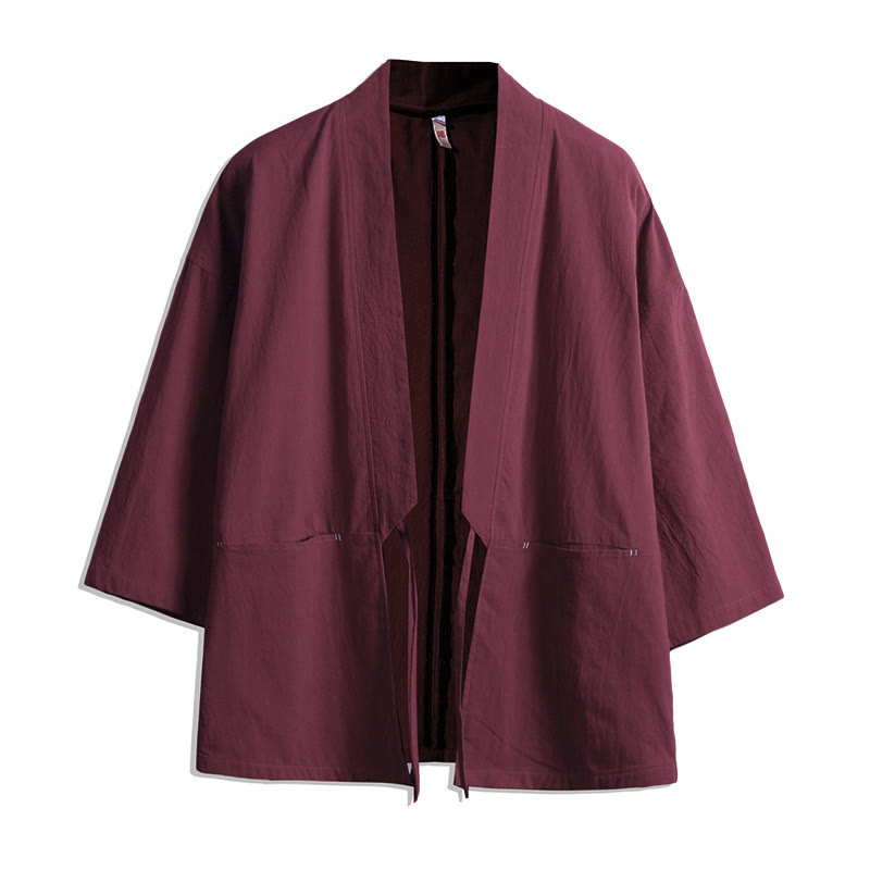 Buddha Stones Solid Color Lace-up Three Quarter Sleeve Open Front Jacket Men's Kimono - IndianRed - US/UK/AU48,EU58(5XL) - image 6