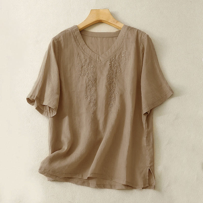 Buddha Stones Casual Women's Embroidered Flower V-neck Design Loose Half Sleeve Shirt - Tan - US8-10,UK/AU12-14,EU40-42 (2XL) - image 12