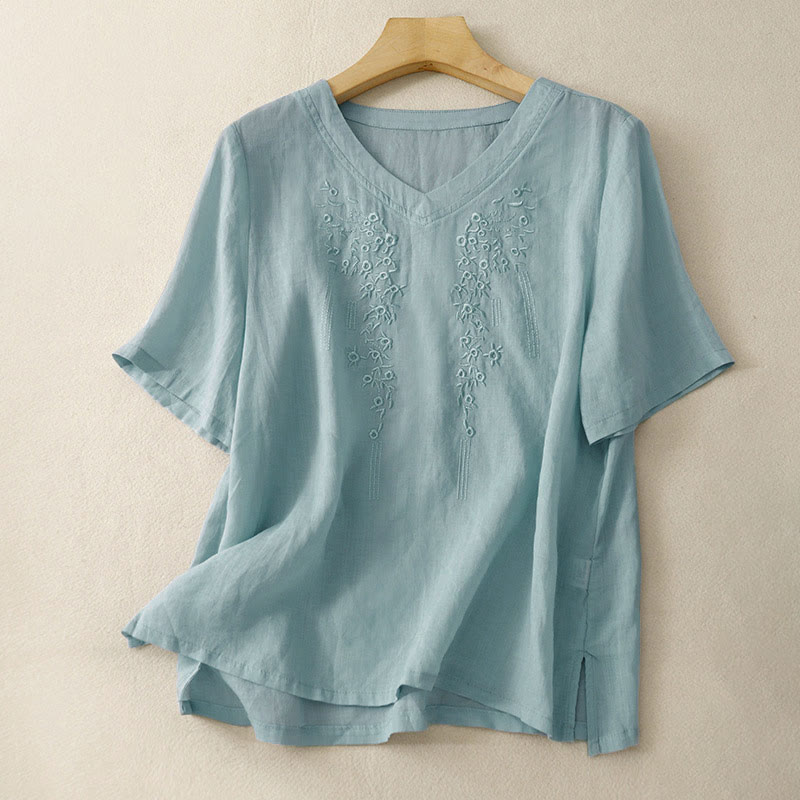 Buddha Stones Casual Women's Embroidered Flower V-neck Design Loose Half Sleeve Shirt - LightBlue - US8-10,UK/AU12-14,EU40-42 (2XL) - image 21