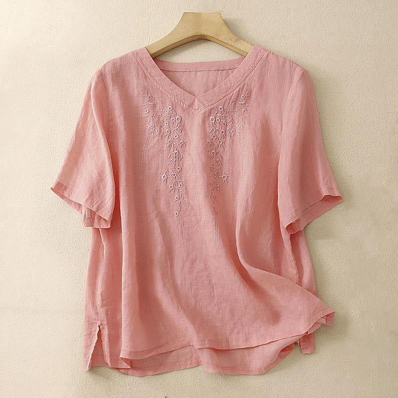 Buddha Stones Casual Women's Embroidered Flower V-neck Design Loose Half Sleeve Shirt - DarkSalmon - US8-10,UK/AU12-14,EU40-42 (2XL) - image 0