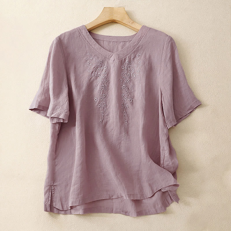 Buddha Stones Casual Women's Embroidered Flower V-neck Design Loose Half Sleeve Shirt - Thistle - US8-10,UK/AU12-14,EU40-42 (2XL) - image 6