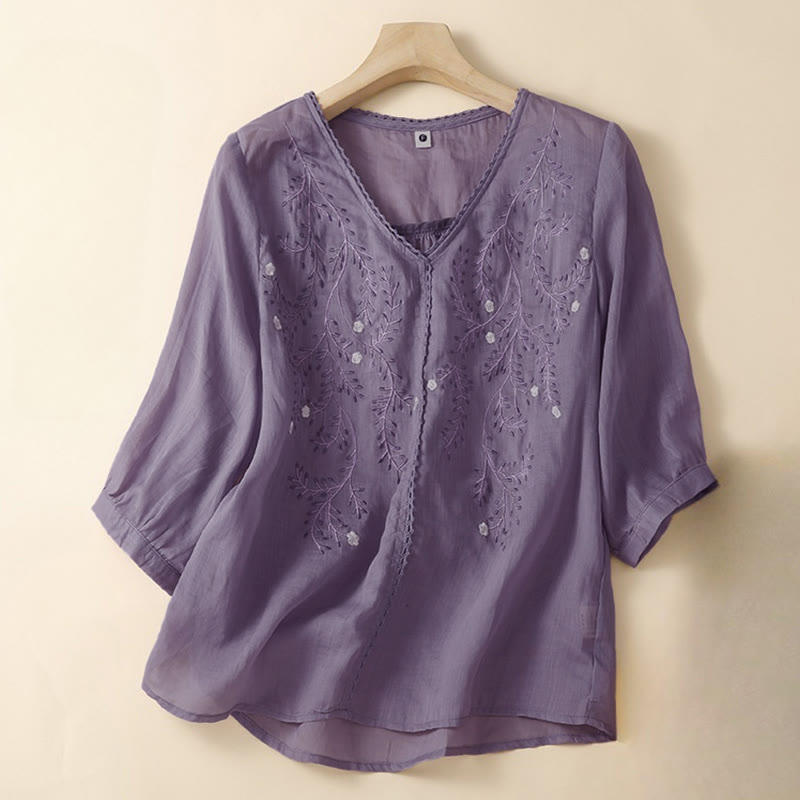 Buddha Stones Summer Casual Flower Branches Embroidered Pattern V-Neck Half Sleeve Women's T-shirt - MediumOrchid - US8-10,UK/AU12-14,EU40-42 (2XL) - image 6