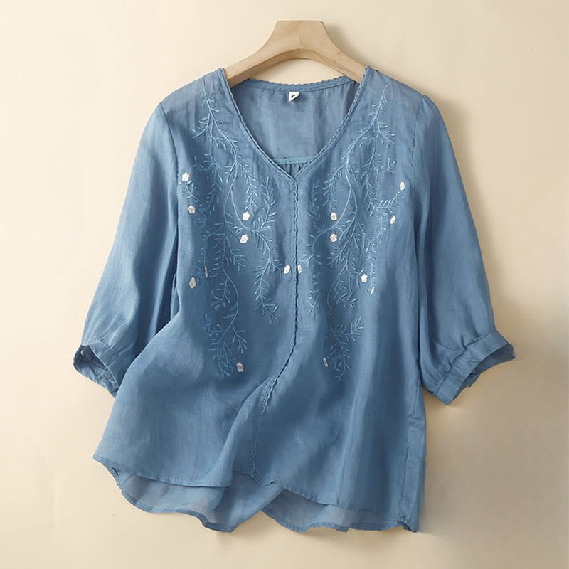 Buddha Stones Summer Casual Flower Branches Embroidered Pattern V-Neck Half Sleeve Women's T-shirt - SteelBlue - US8-10,UK/AU12-14,EU40-42 (2XL) - image 3