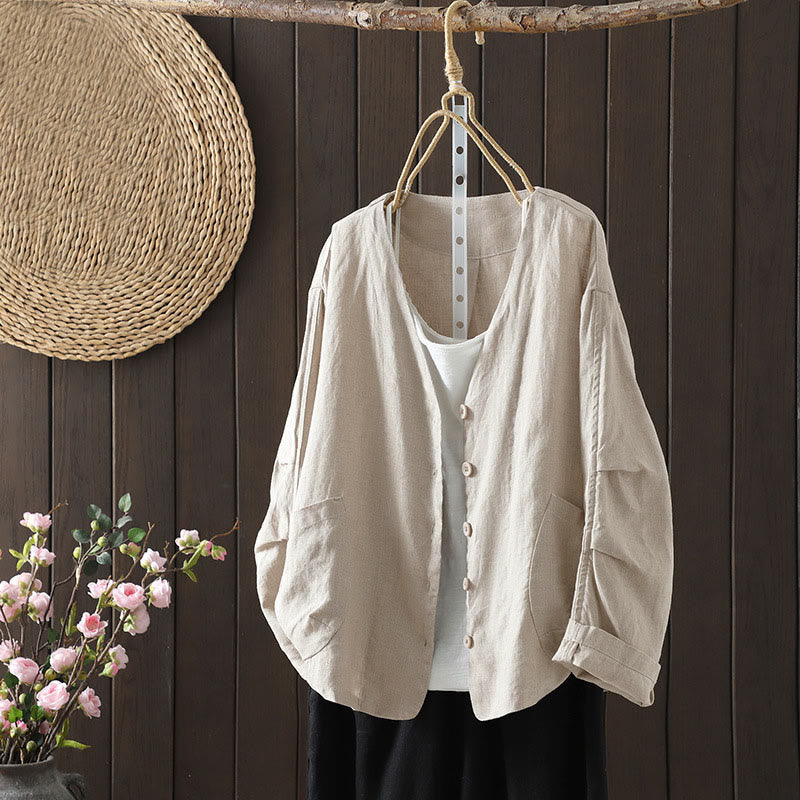 Buddha Stones Pure Color V-neck Women's Jacket With Pockets - Beige - US14,UK/AU18,EU46 (2XL) - image 0