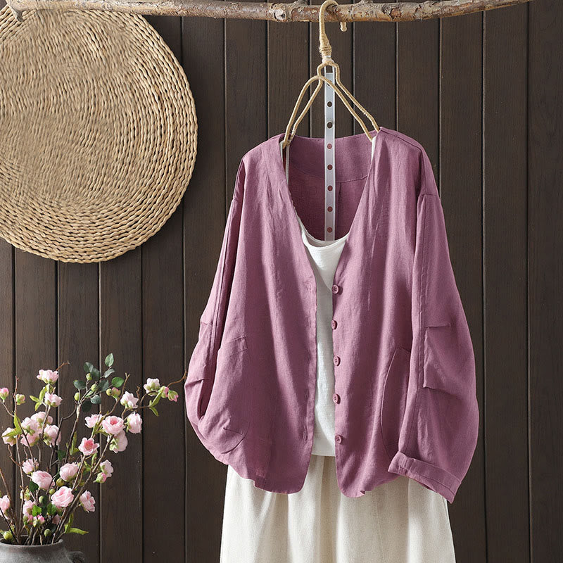 Buddha Stones Pure Color V-neck Women's Jacket With Pockets - PaleVioletRed - US14,UK/AU18,EU46 (2XL) - image 6