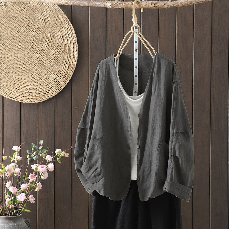 Buddha Stones Pure Color V-neck Women's Jacket With Pockets - DarkGray - US14,UK/AU18,EU46 (2XL) - image 23