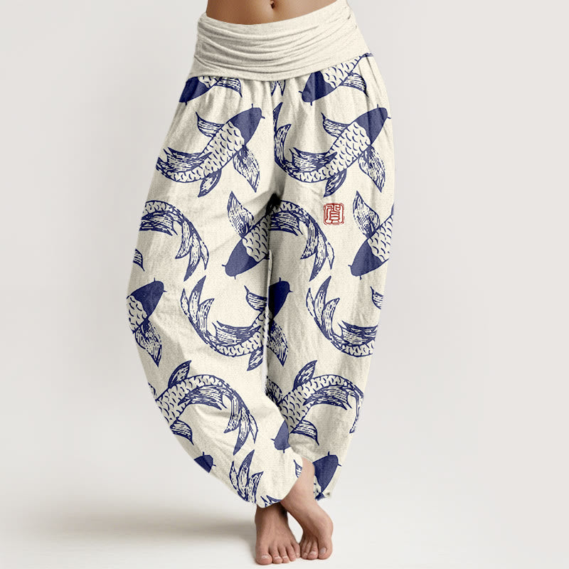 Buddha Stones Pure Cotton Swimming Koi Fish Women's Elastic Waist Harem Pants - Linen - US16,UK/AU20,EU48 (3XL) - image 5