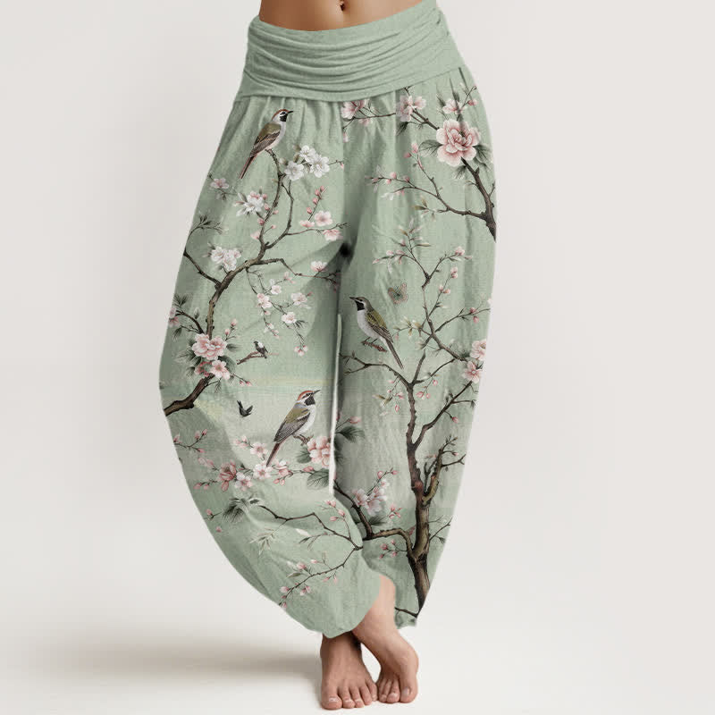 Buddha Stones Cotton Cherry Blossoms Bird Pattern Women's Elastic Waist Harem Pants - LightGreen - US16,UK/AU20,EU48 (3XL) - image 0