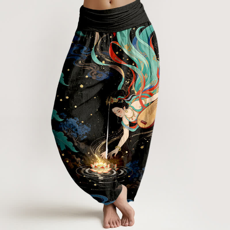 Buddha Stones Cotton Celestial Musician Lotus Pattern Women's Elastic Waist Harem Pants - Black - US16,UK/AU20,EU48 (3XL) - image 0