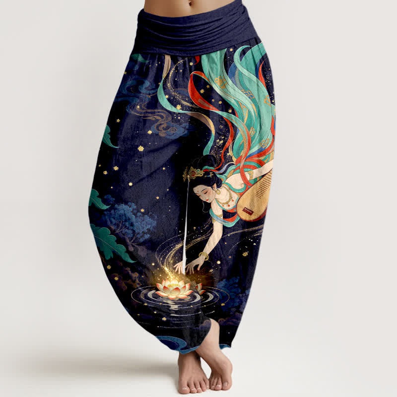 Buddha Stones Cotton Celestial Musician Lotus Pattern Women's Elastic Waist Harem Pants - Navy - US16,UK/AU20,EU48 (3XL) - image 5