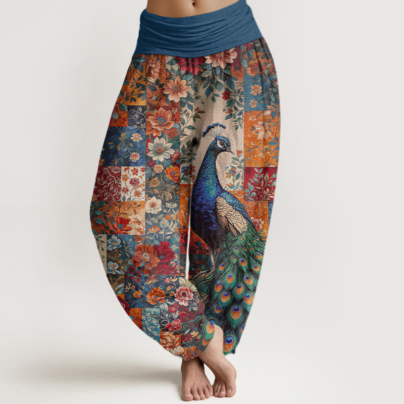 Buddha Stones Cotton Peacock Floral Patchwork Pattern Women's Elastic Waist Harem Pants - Teal - US16,UK/AU20,EU48 (3XL) - image 0