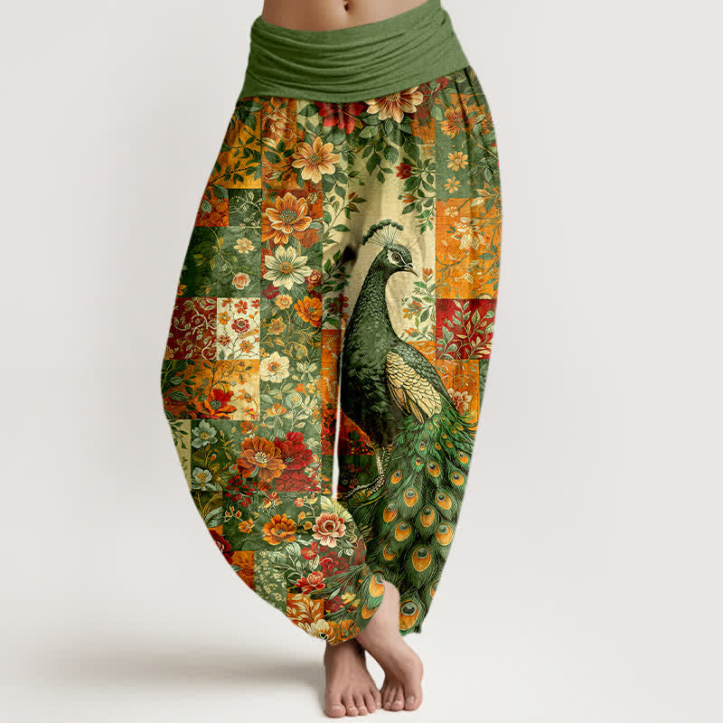 Buddha Stones Cotton Peacock Floral Patchwork Pattern Women's Elastic Waist Harem Pants - OliveDrab - US16,UK/AU20,EU48 (3XL) - image 8