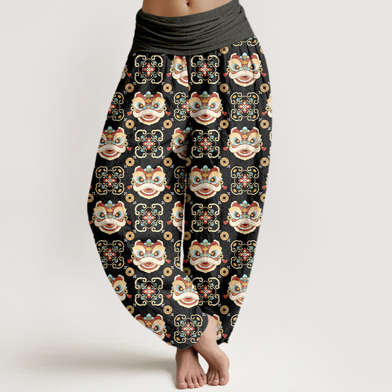 Buddha Stones Cotton Tribal Lion Mask Pattern Women's Elastic Waist Harem Pants - DimGray - US16,UK/AU20,EU48 (3XL) - image 0
