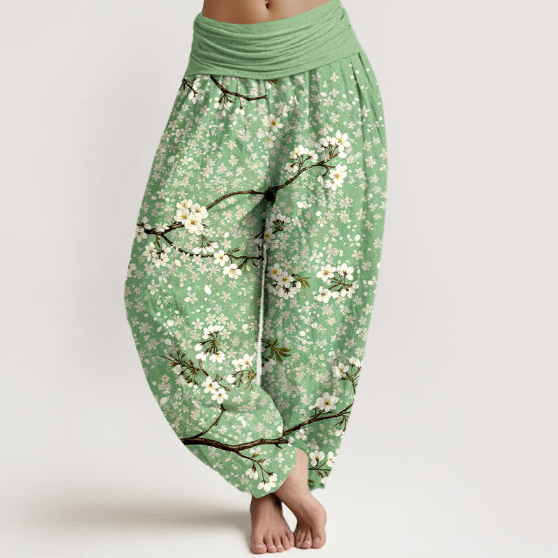 Buddha Stones Cotton White Blossom Branch Pattern Women's Elastic Waist Harem Pants - LightGreen - US16,UK/AU20,EU48 (3XL) - image 0