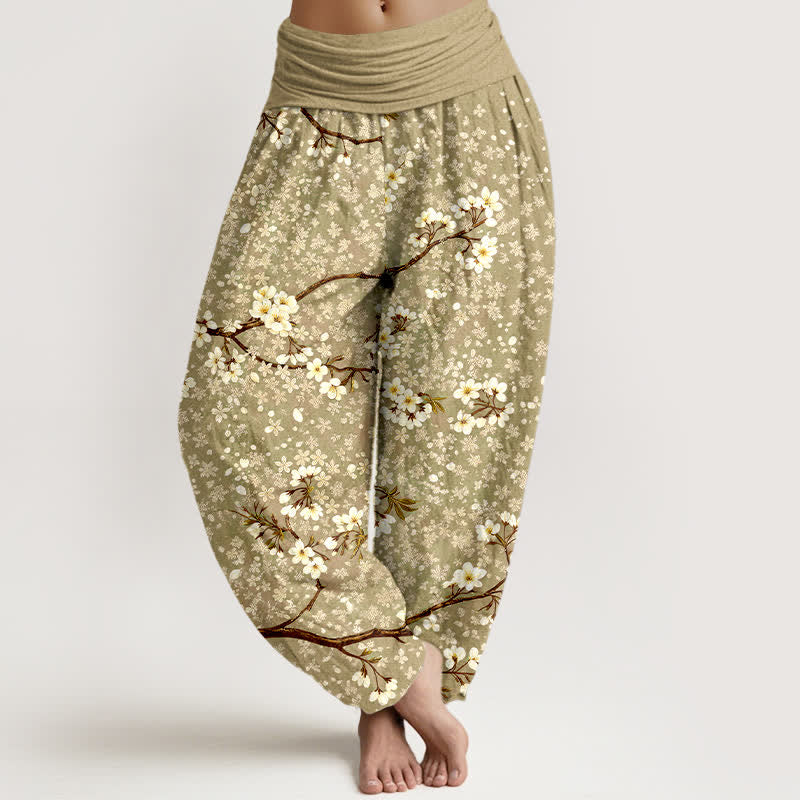 Buddha Stones Cotton White Blossom Branch Pattern Women's Elastic Waist Harem Pants - DarkKhaki - US16,UK/AU20,EU48 (3XL) - image 8