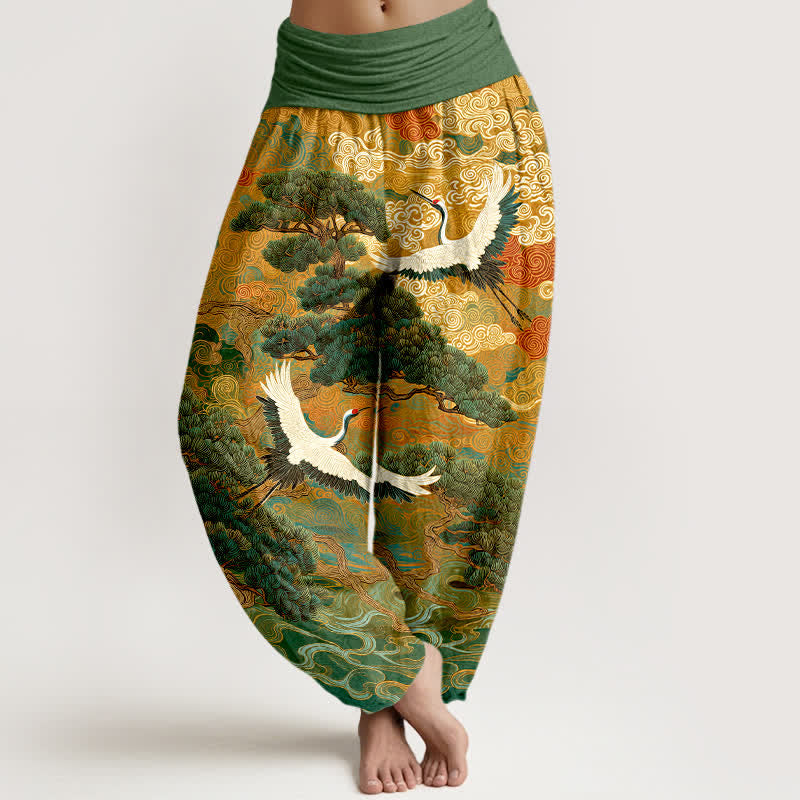 Buddha Stones Cotton Crane Pine Wave Pattern Women's Elastic Waist Harem Pants - LimeGreen - US16,UK/AU20,EU48 (3XL) - image 0