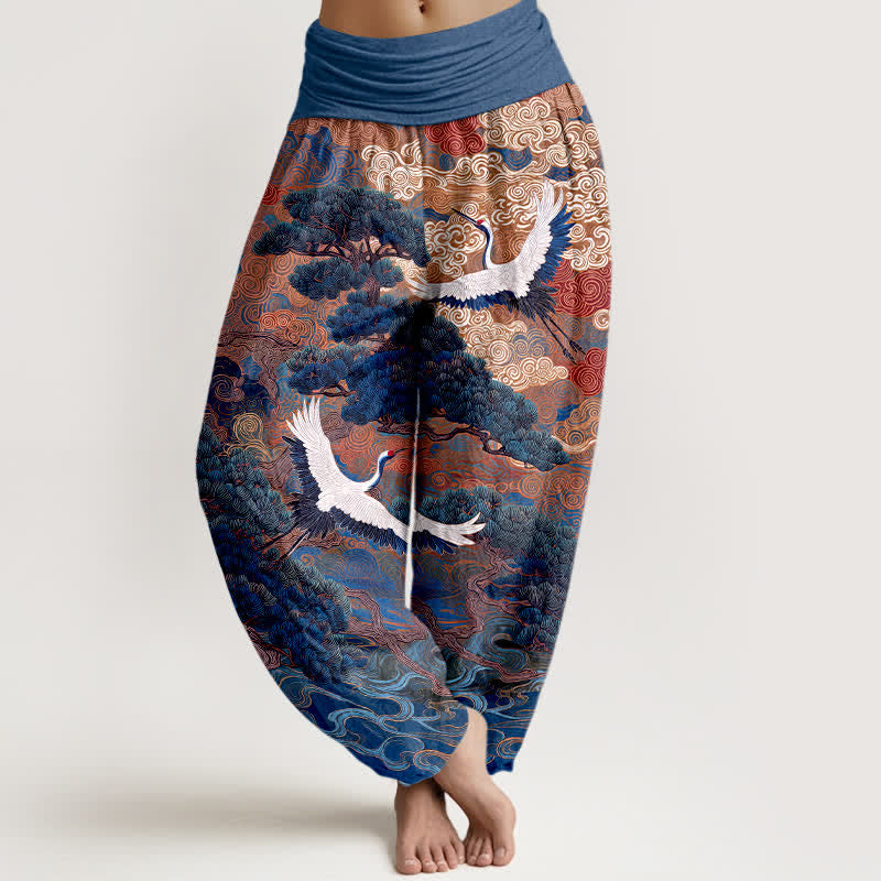 Buddha Stones Cotton Crane Pine Wave Pattern Women's Elastic Waist Harem Pants - Navy - US16,UK/AU20,EU48 (3XL) - image 5