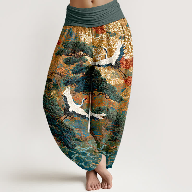 Buddha Stones Cotton Crane Pine Wave Pattern Women's Elastic Waist Harem Pants - CadetBlue - US16,UK/AU20,EU48 (3XL) - image 8
