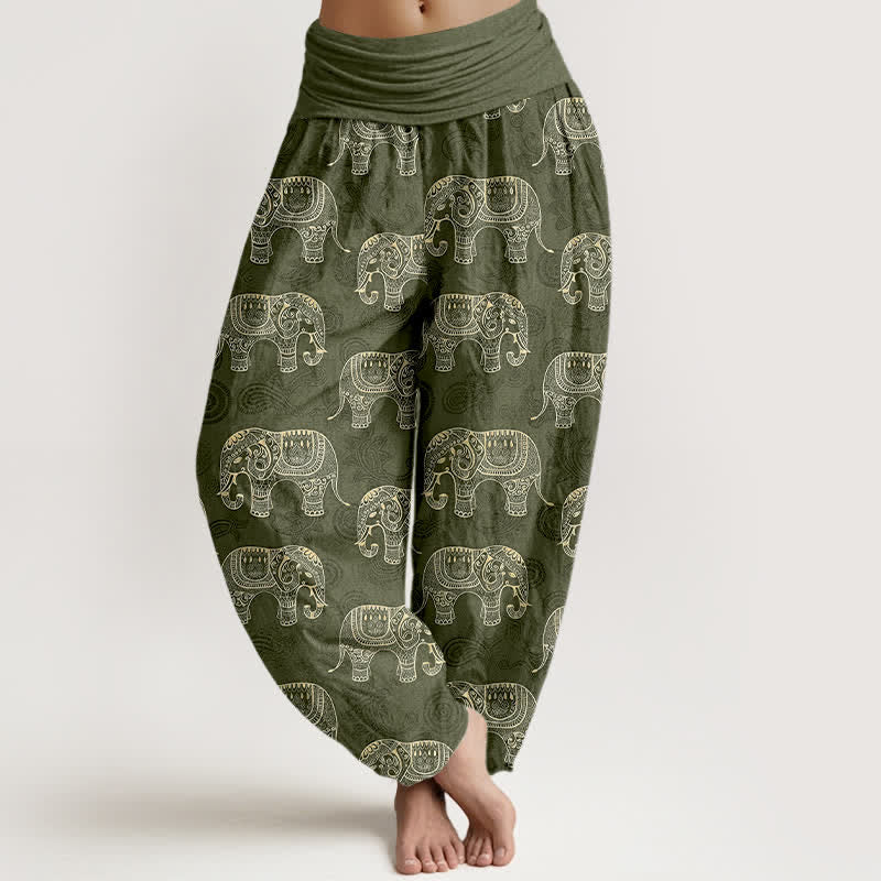 Buddha Stones Cotton White Elephant Pattern Women's Elastic Waist Harem Pants - OliveDrab - US16,UK/AU20,EU48 (3XL) - image 5