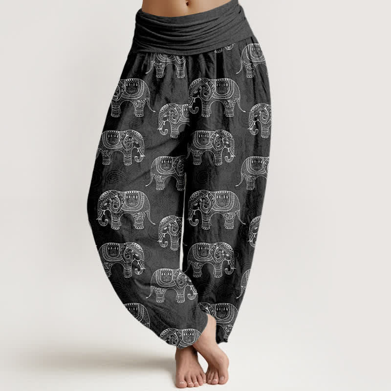 Buddha Stones Cotton White Elephant Pattern Women's Elastic Waist Harem Pants - DimGray - US16,UK/AU20,EU48 (3XL) - image 8