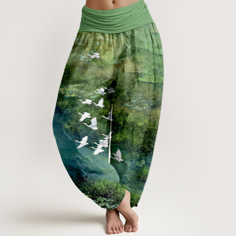 Buddha Stones Cotton Forest Lake Flying Bird Pattern Women's Elastic Waist Harem Pants - LimeGreen - US16,UK/AU20,EU48 (3XL) - image 0