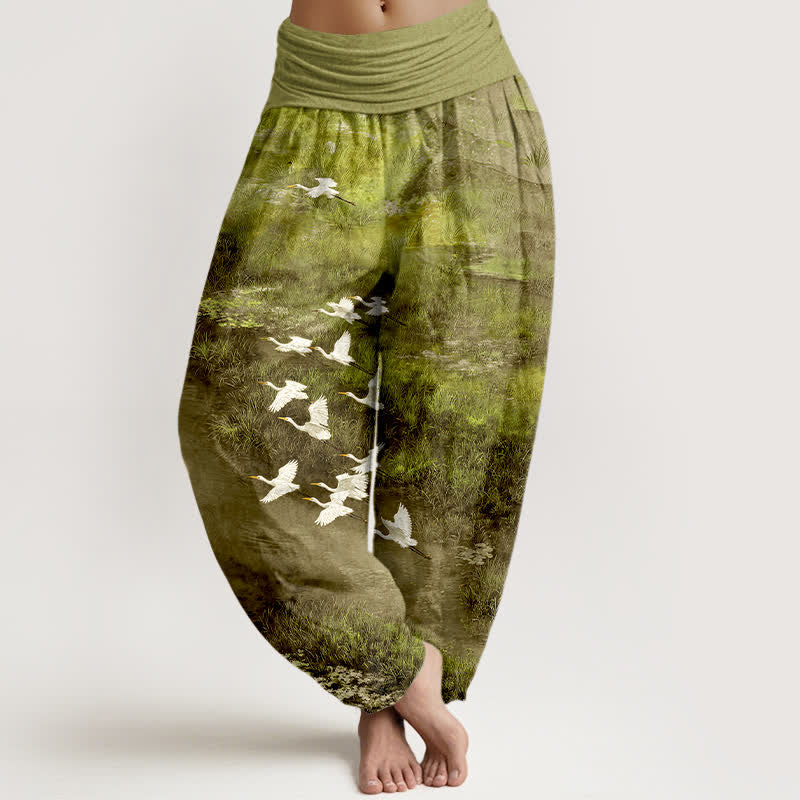 Buddha Stones Cotton Forest Lake Flying Bird Pattern Women's Elastic Waist Harem Pants - YellowGreen - US16,UK/AU20,EU48 (3XL) - image 5