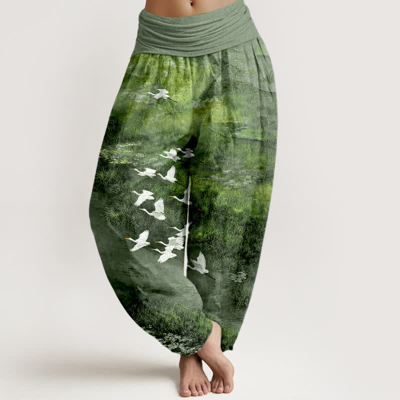 Buddha Stones Cotton Forest Lake Flying Bird Pattern Women's Elastic Waist Harem Pants - DarkSeaGreen - US16,UK/AU20,EU48 (3XL) - image 8